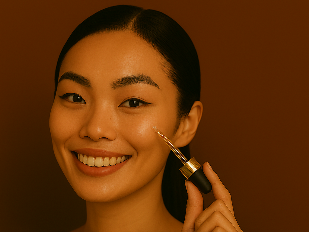 Confident woman applying luxury serum with a golden dropper – expressing the precision and joy of Seiya Skin’s skincare ritual.