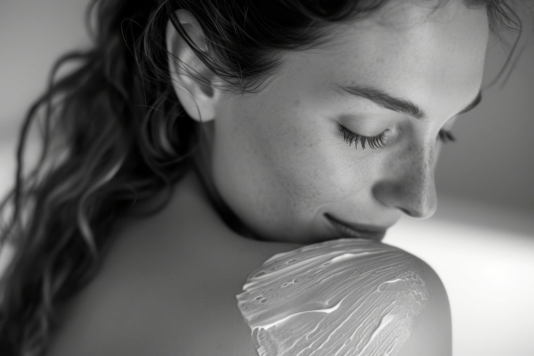 Smiling woman enjoying a serene skincare moment with nourishing cream on shoulder – representing gentle, sensorial care by Seiya Skin.